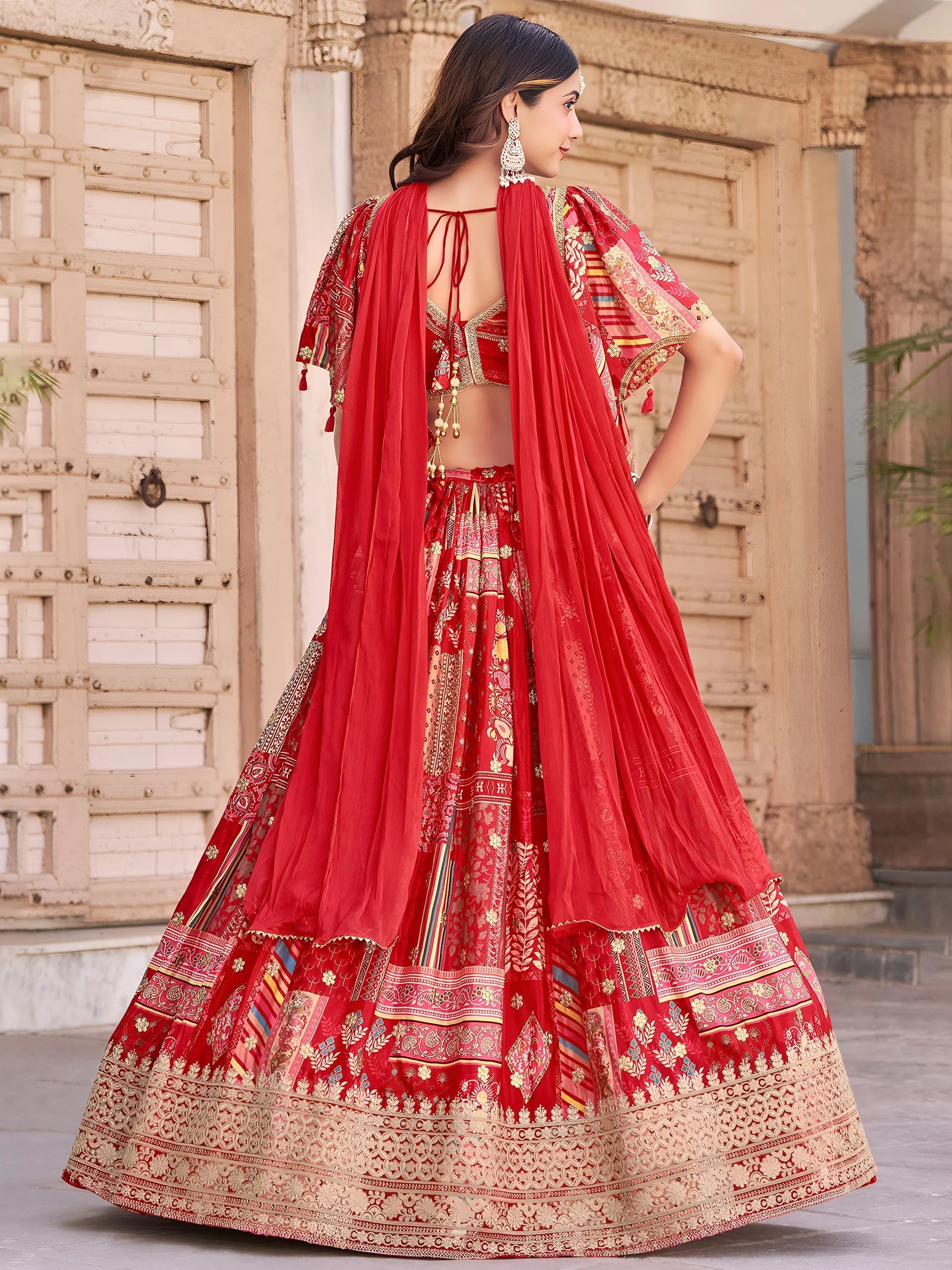 Red Chinon Silk Zari Embroidered Lehenga Choli for Women