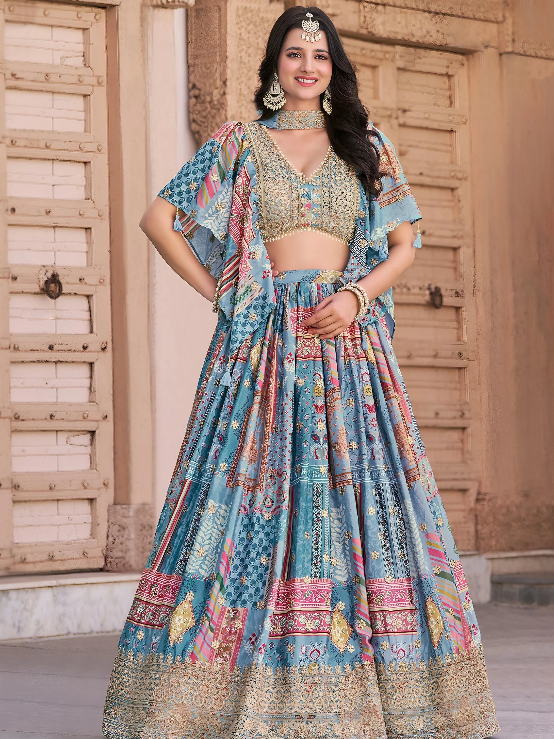 Sky Blue Chinon Silk Zari Embroidered Lehenga Choli for Women