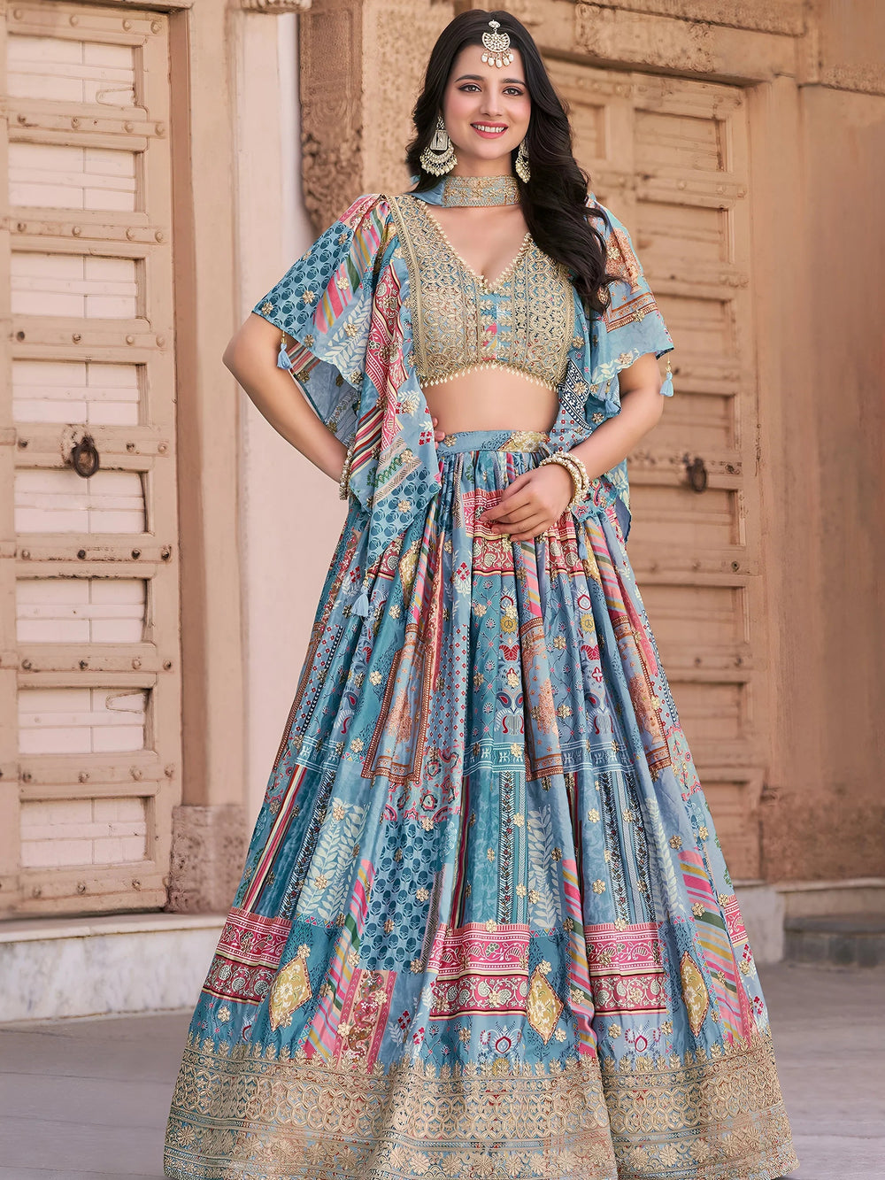 Sky Blue Chinon Silk Zari Embroidered Lehenga Choli for Women