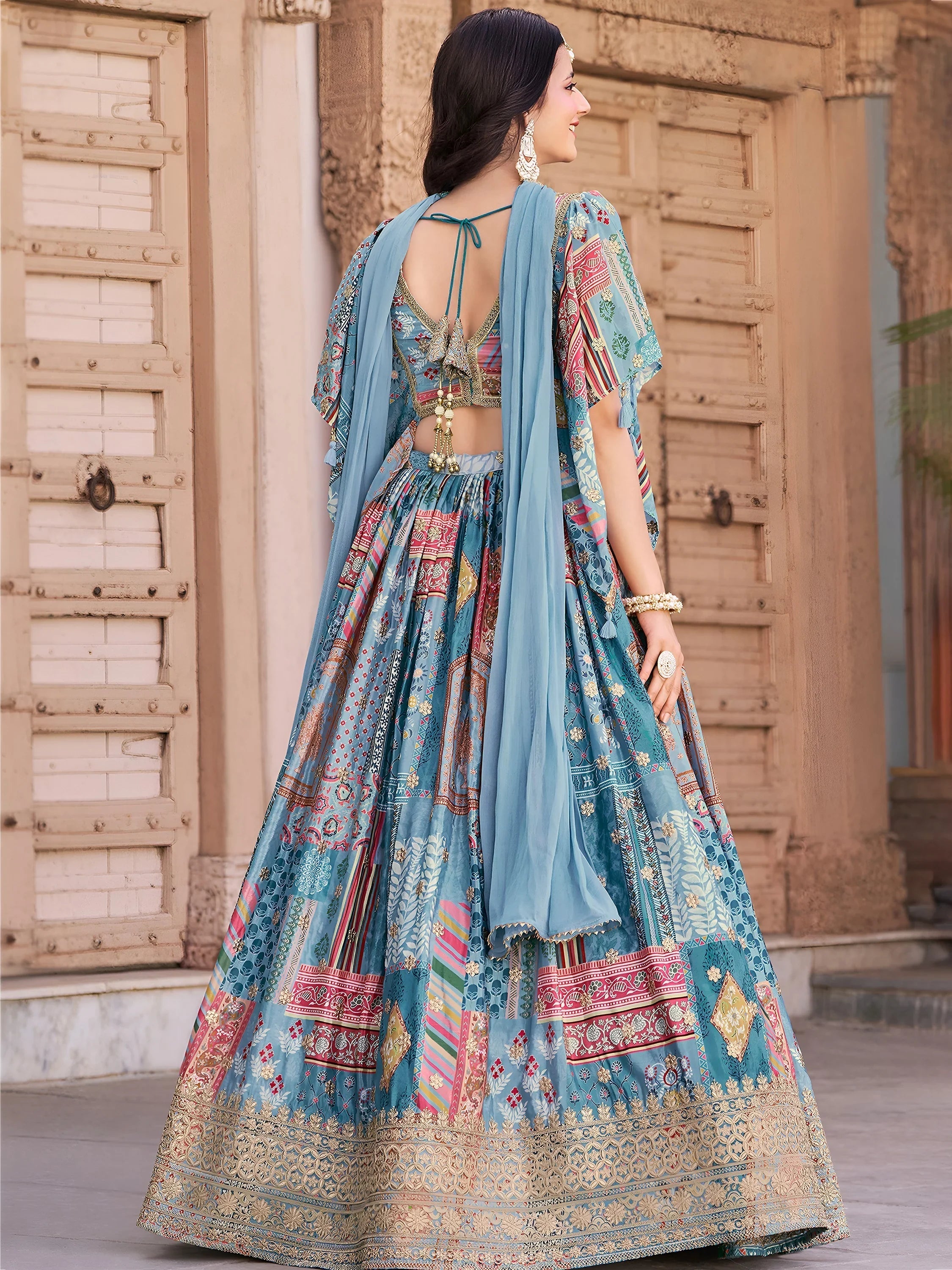Sky Blue Chinon Silk Zari Embroidered Lehenga Choli for Women