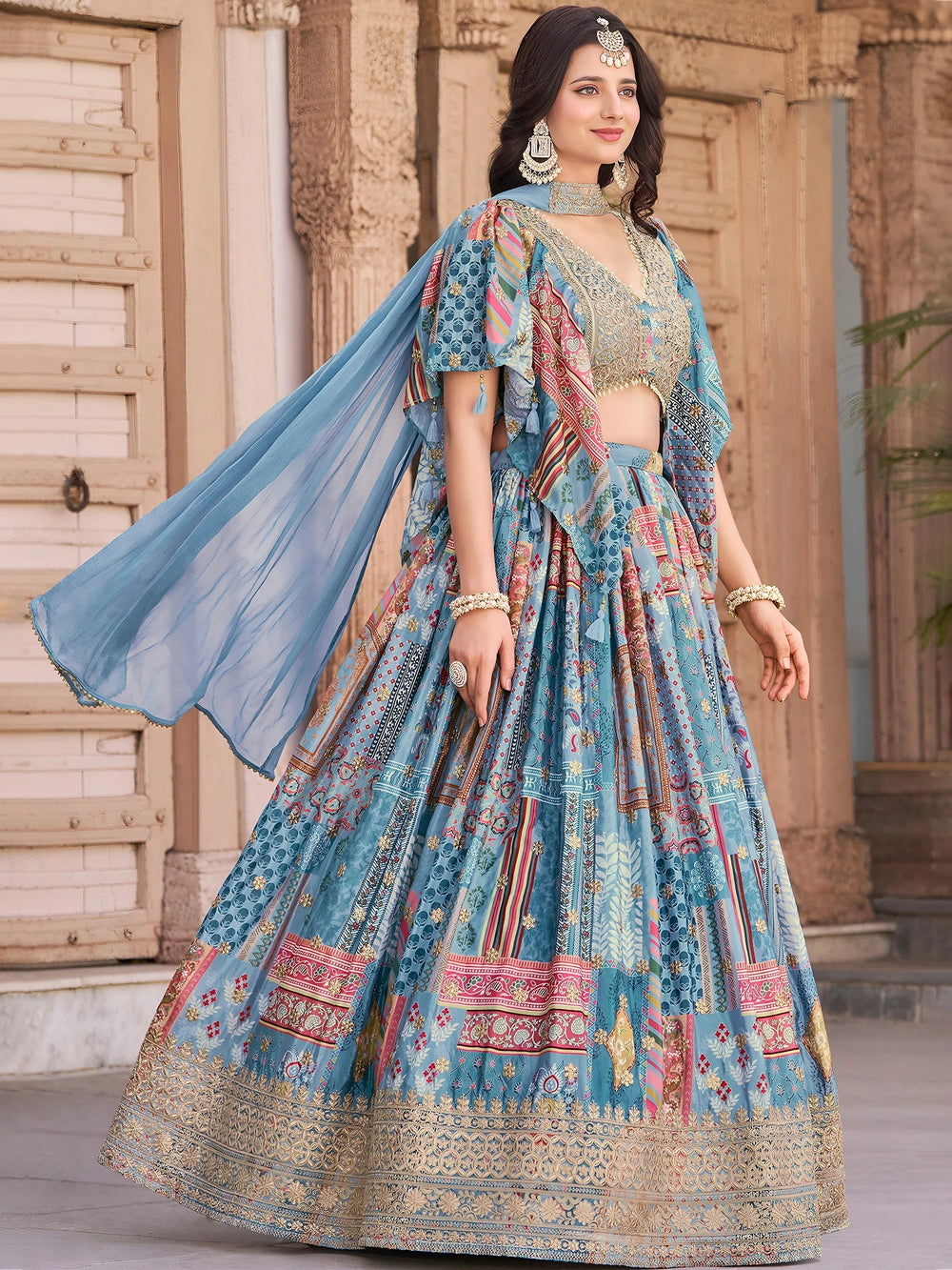 Sky Blue Chinon Silk Zari Embroidered Lehenga Choli for Women