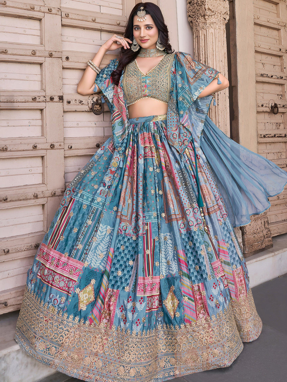 Sky Blue Chinon Silk Zari Embroidered Lehenga Choli for Women