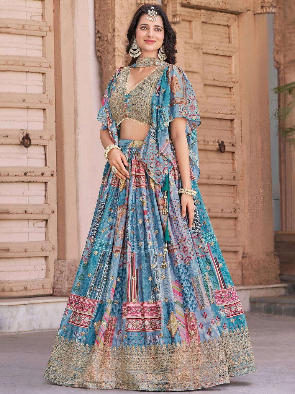 Sky Blue Chinon Silk Zari Embroidered Lehenga Choli for Women