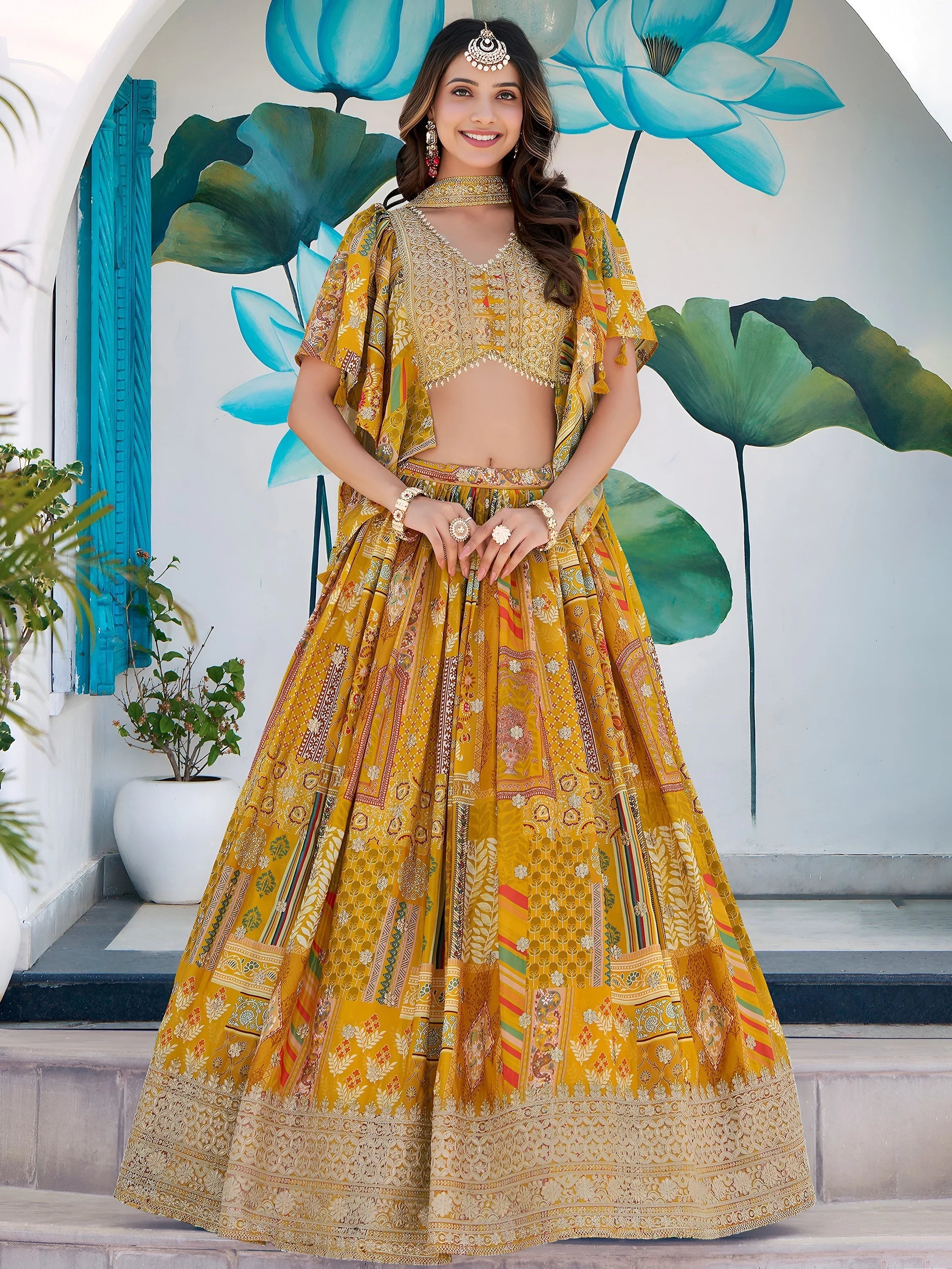 Yellow Chinon Silk Zari Embroidered Lehenga Choli for Women