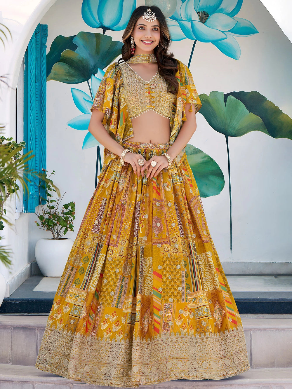 Yellow Chinon Silk Zari Embroidered Lehenga Choli for Women