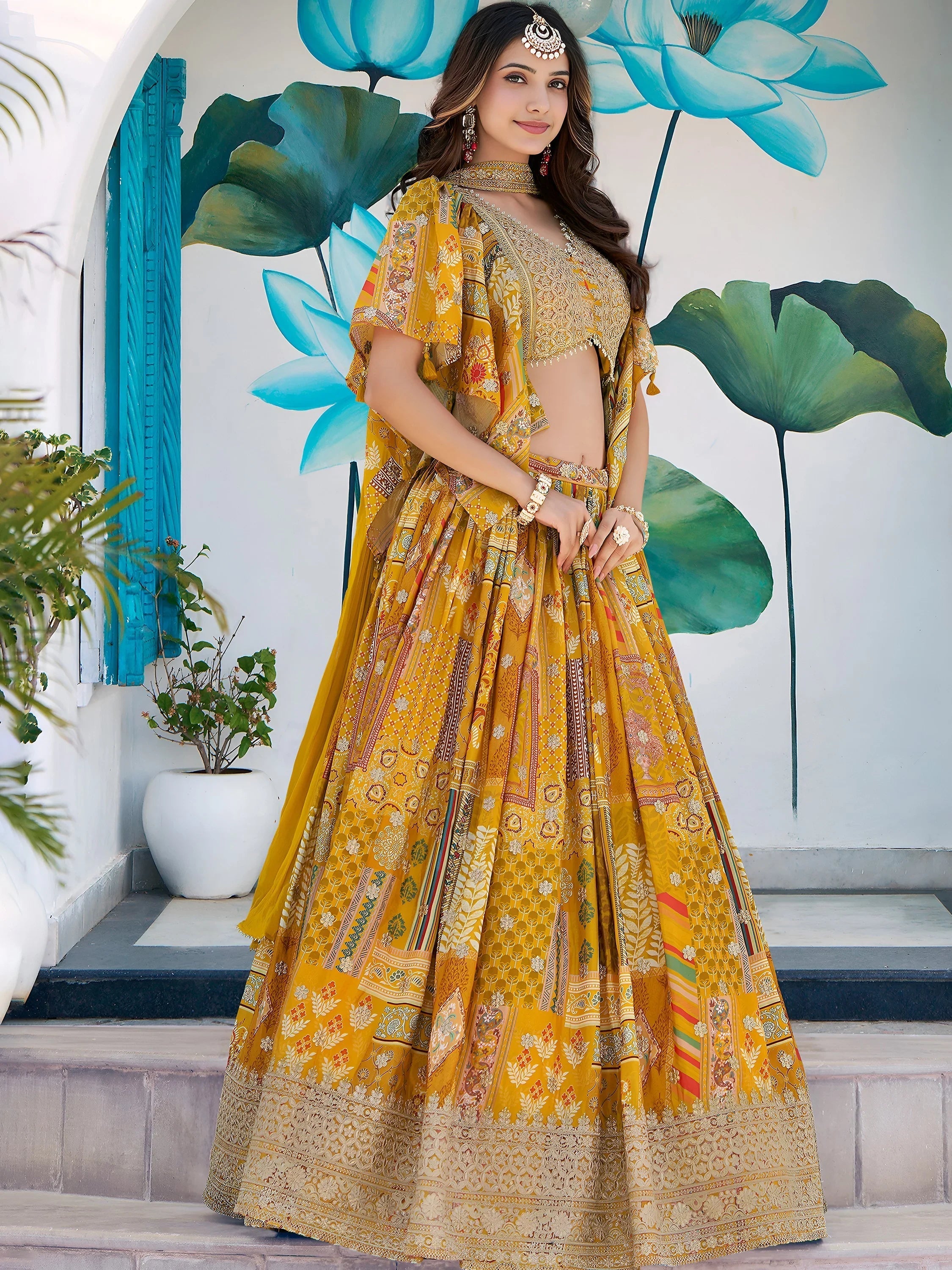 Yellow Chinon Silk Zari Embroidered Lehenga Choli for Women