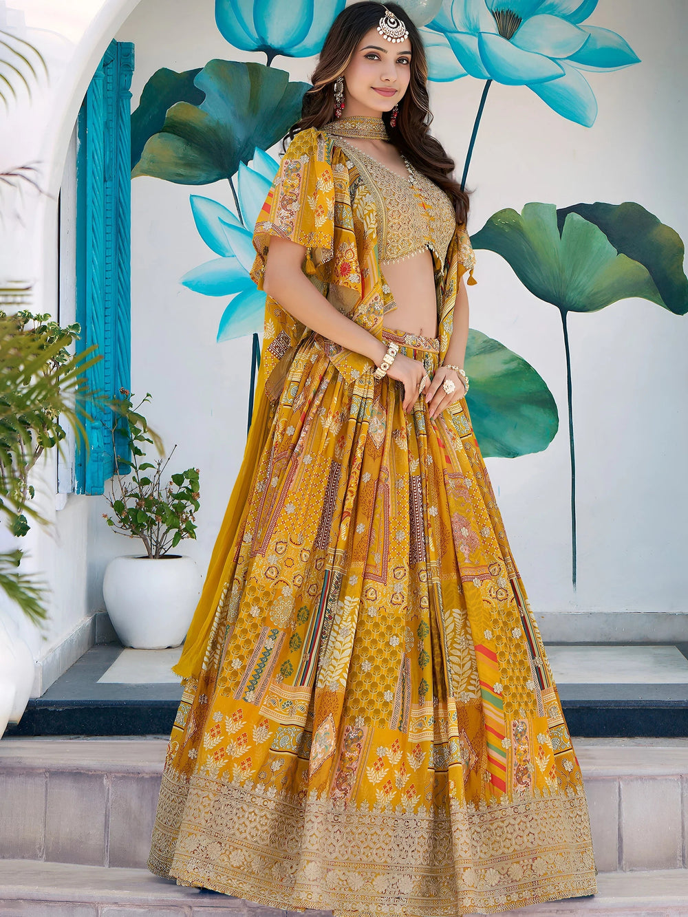 Yellow Chinon Silk Zari Embroidered Lehenga Choli for Women