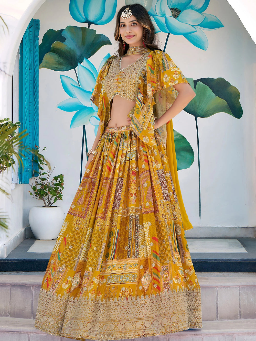 Yellow Chinon Silk Zari Embroidered Lehenga Choli for Women