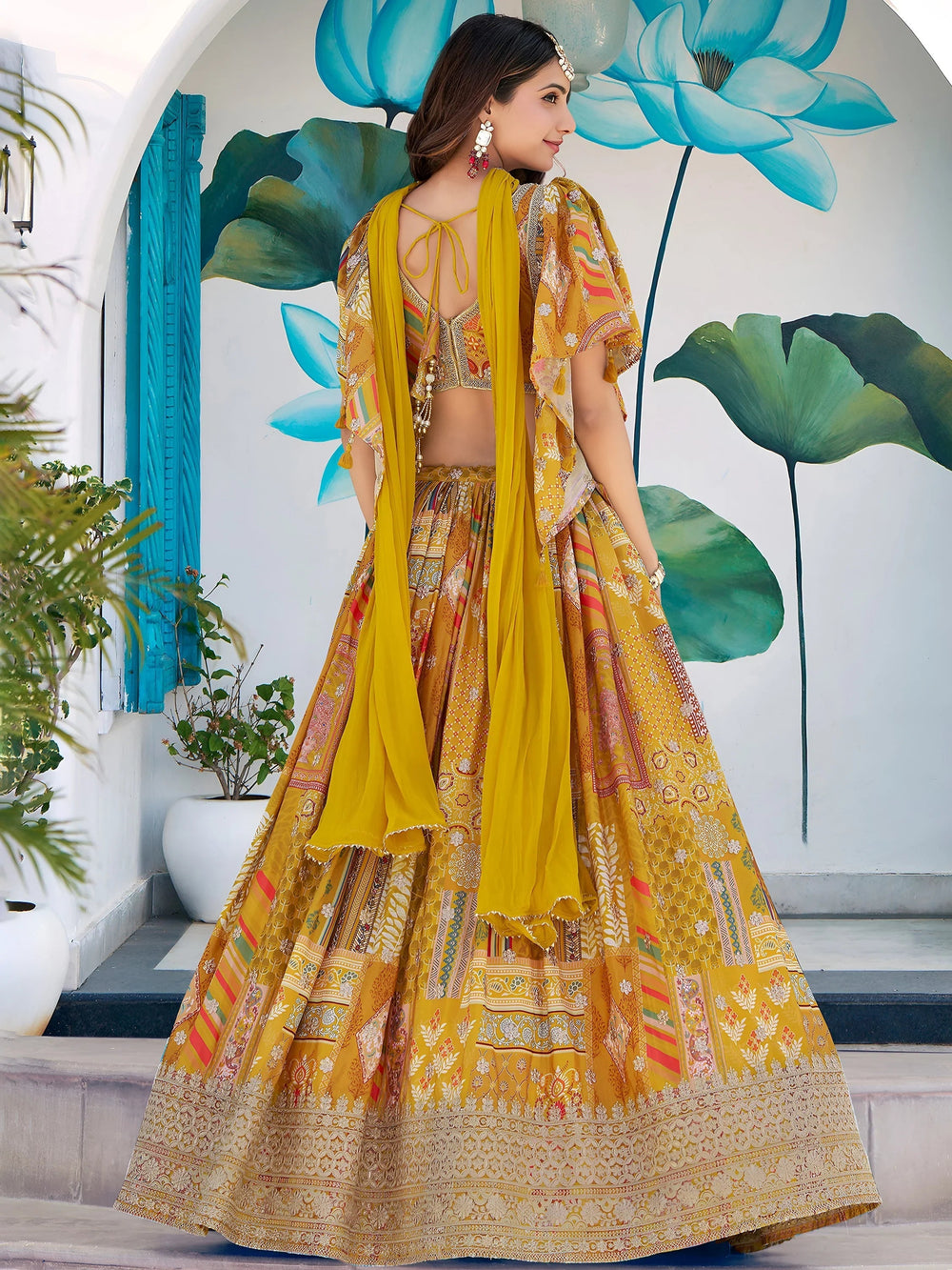 Yellow Chinon Silk Zari Embroidered Lehenga Choli for Women