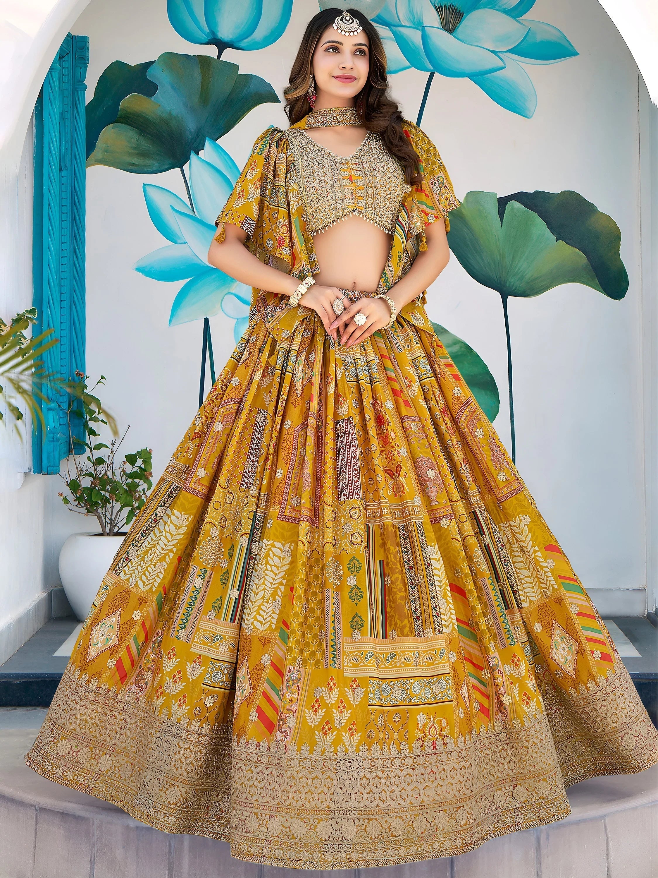 Yellow Chinon Silk Zari Embroidered Lehenga Choli for Women