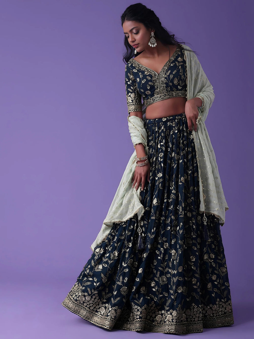 Blue Dori Work Georgette Wedding Lehenga Choli with Dupatta for Women