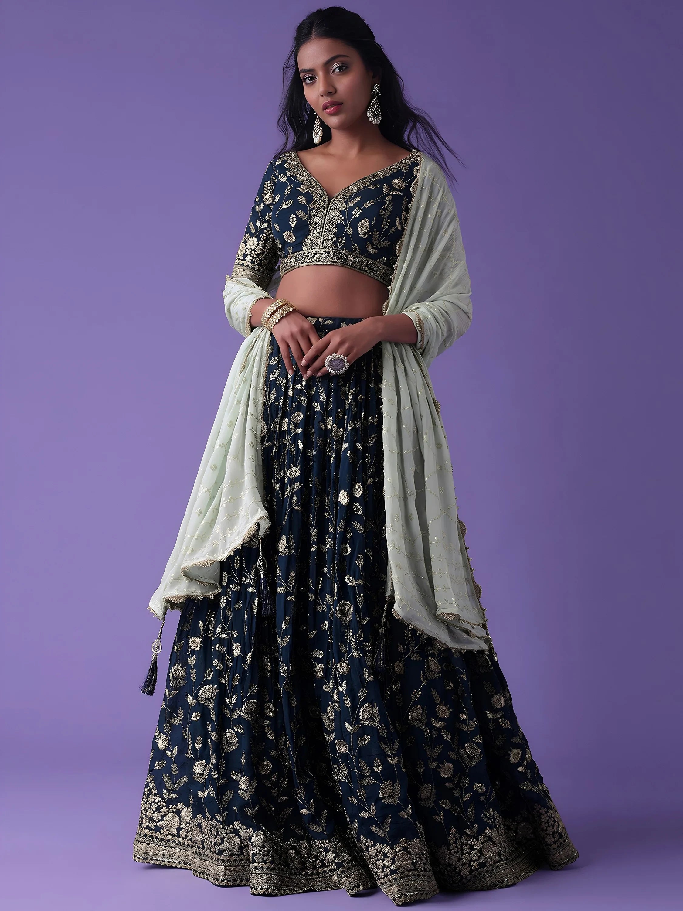 Blue Dori Work Georgette Wedding Lehenga Choli with Dupatta for Women