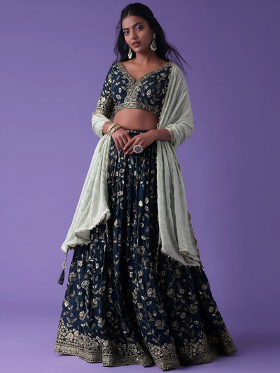 Blue Dori Work Georgette Wedding Lehenga Choli with Dupatta for Women