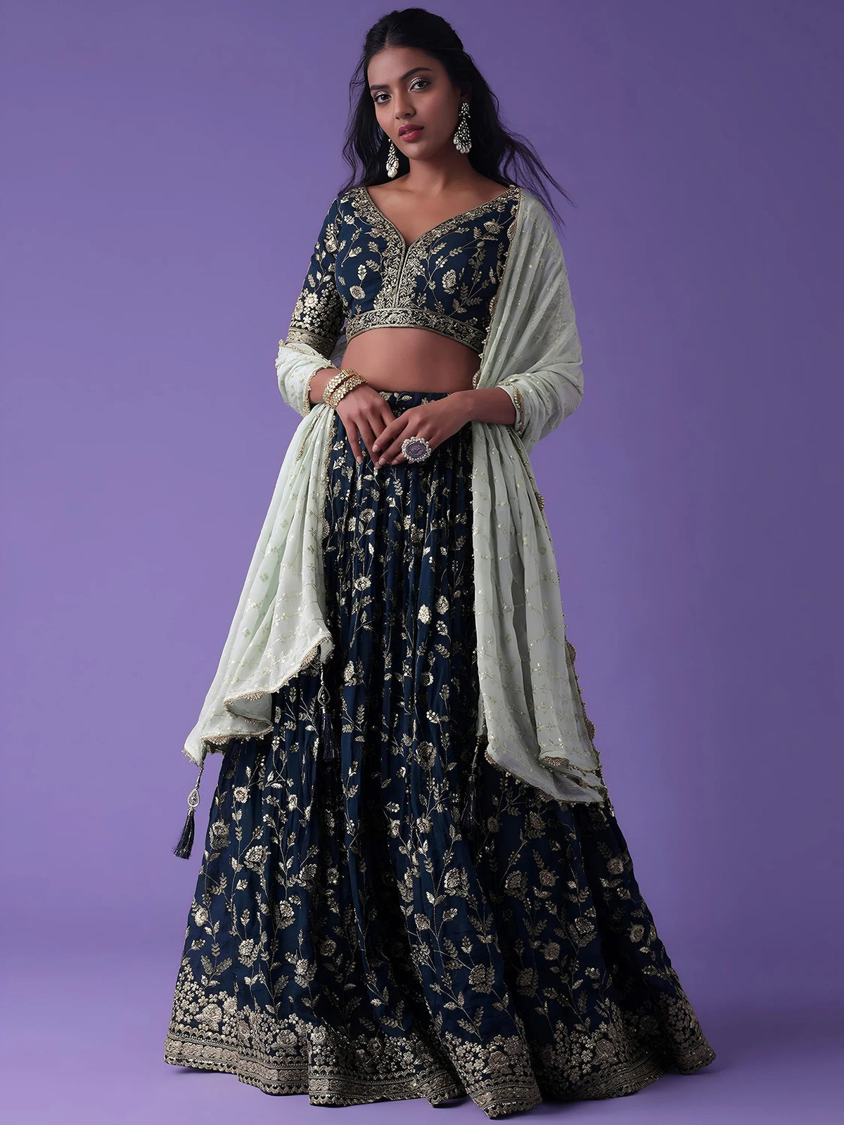 Blue Dori Work Georgette Wedding Lehenga Choli with Dupatta for Women