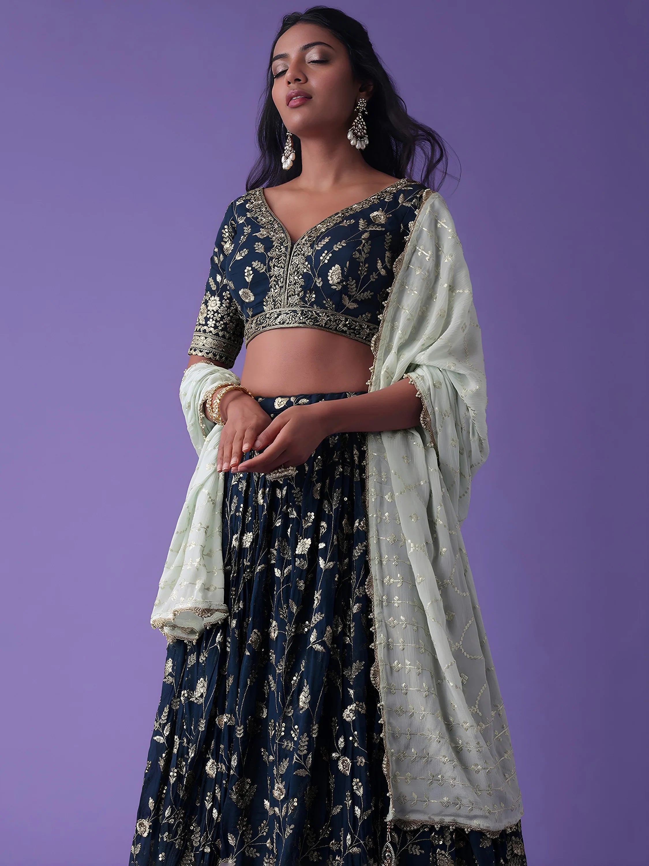Blue Dori Work Georgette Wedding Lehenga Choli with Dupatta for Women