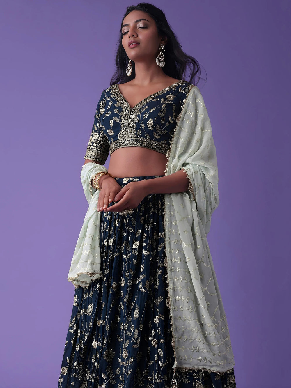 Blue Dori Work Georgette Wedding Lehenga Choli with Dupatta for Women