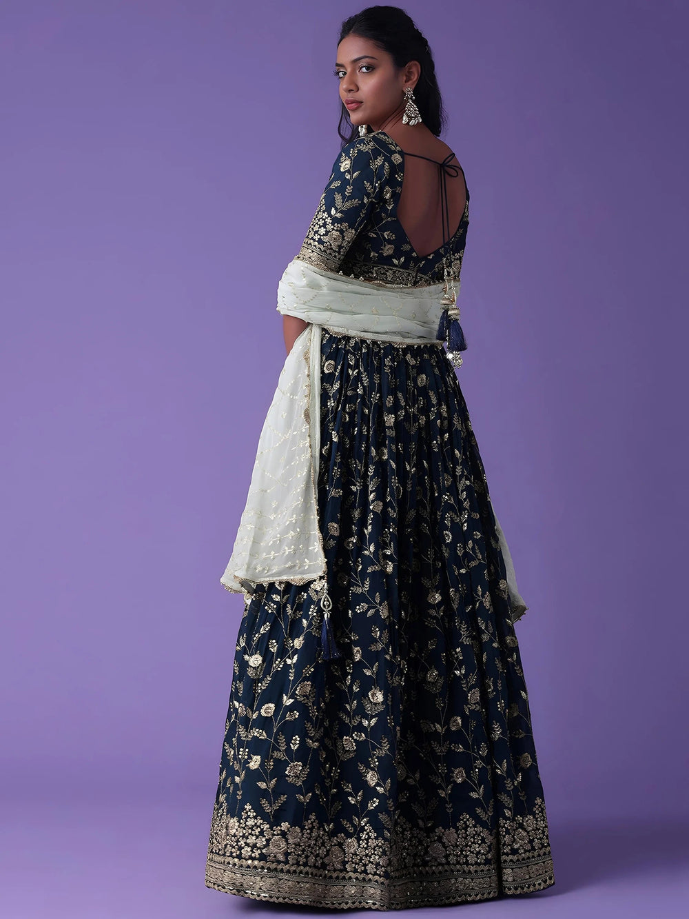 Blue Dori Work Georgette Wedding Lehenga Choli with Dupatta for Women