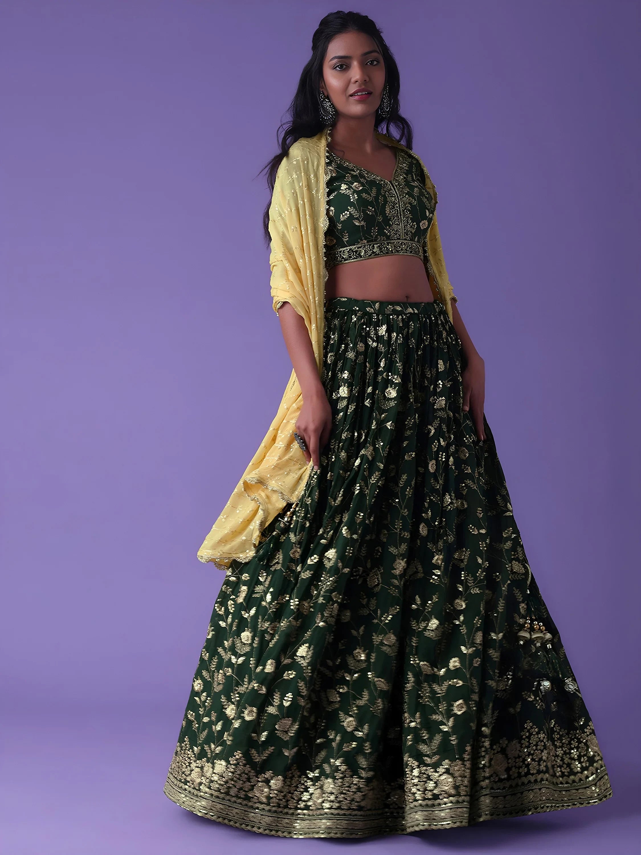 Green Zari Embroidered Georgette Mehendi Lehenga Choli for Women