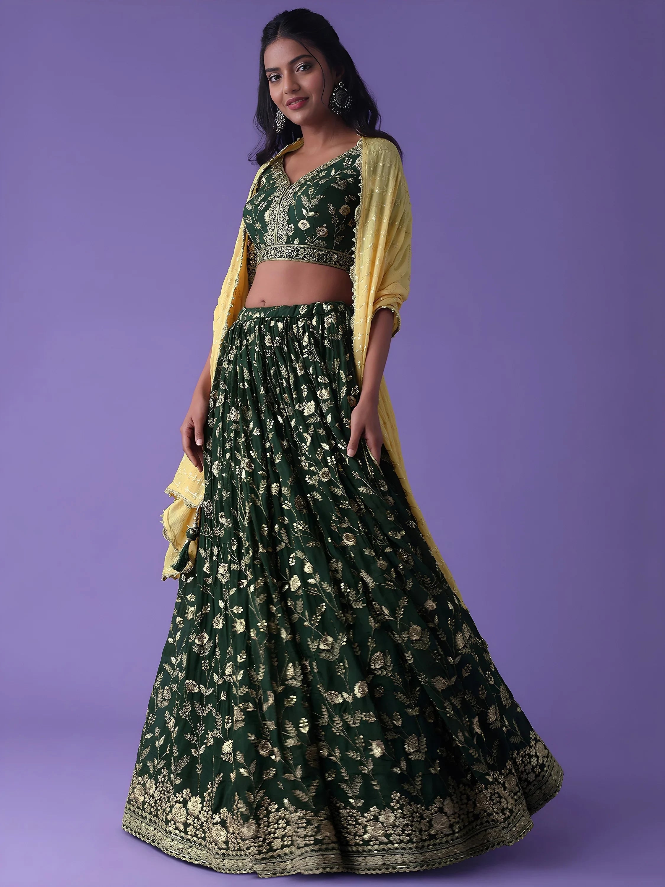 Green Zari Embroidered Georgette Mehendi Lehenga Choli for Women
