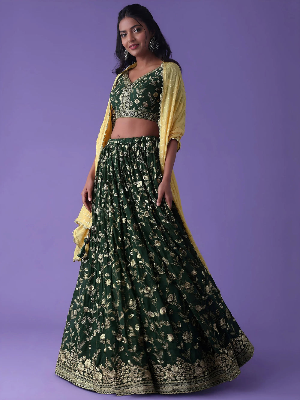 Green Zari Embroidered Georgette Mehendi Lehenga Choli for Women