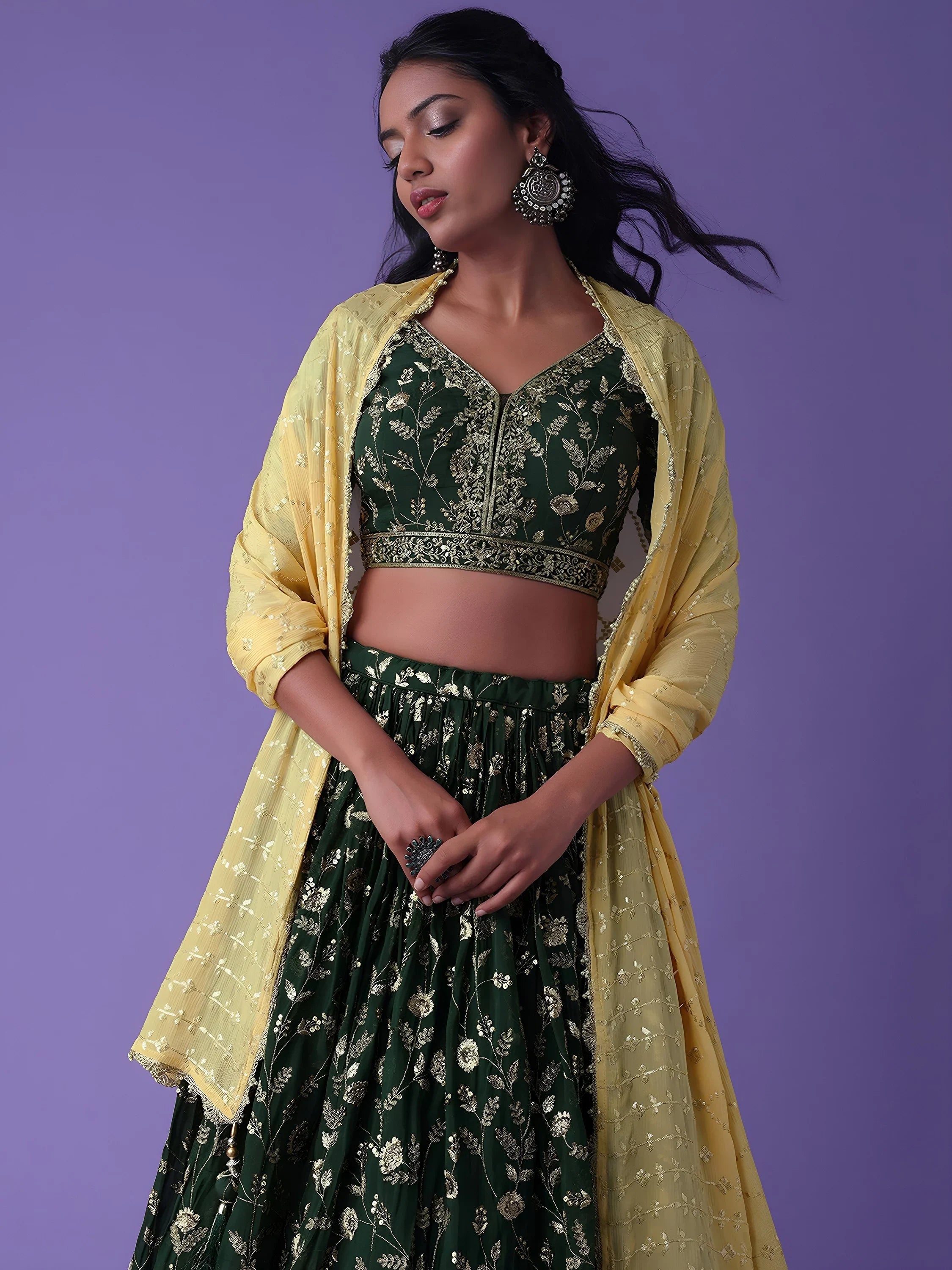 Green Zari Embroidered Georgette Mehendi Lehenga Choli for Women