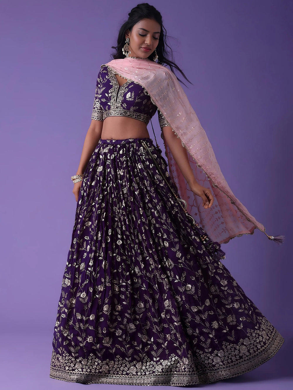 Purple Zari Embroidered Georgette Event Wear Lehenga Choli with Dupatta