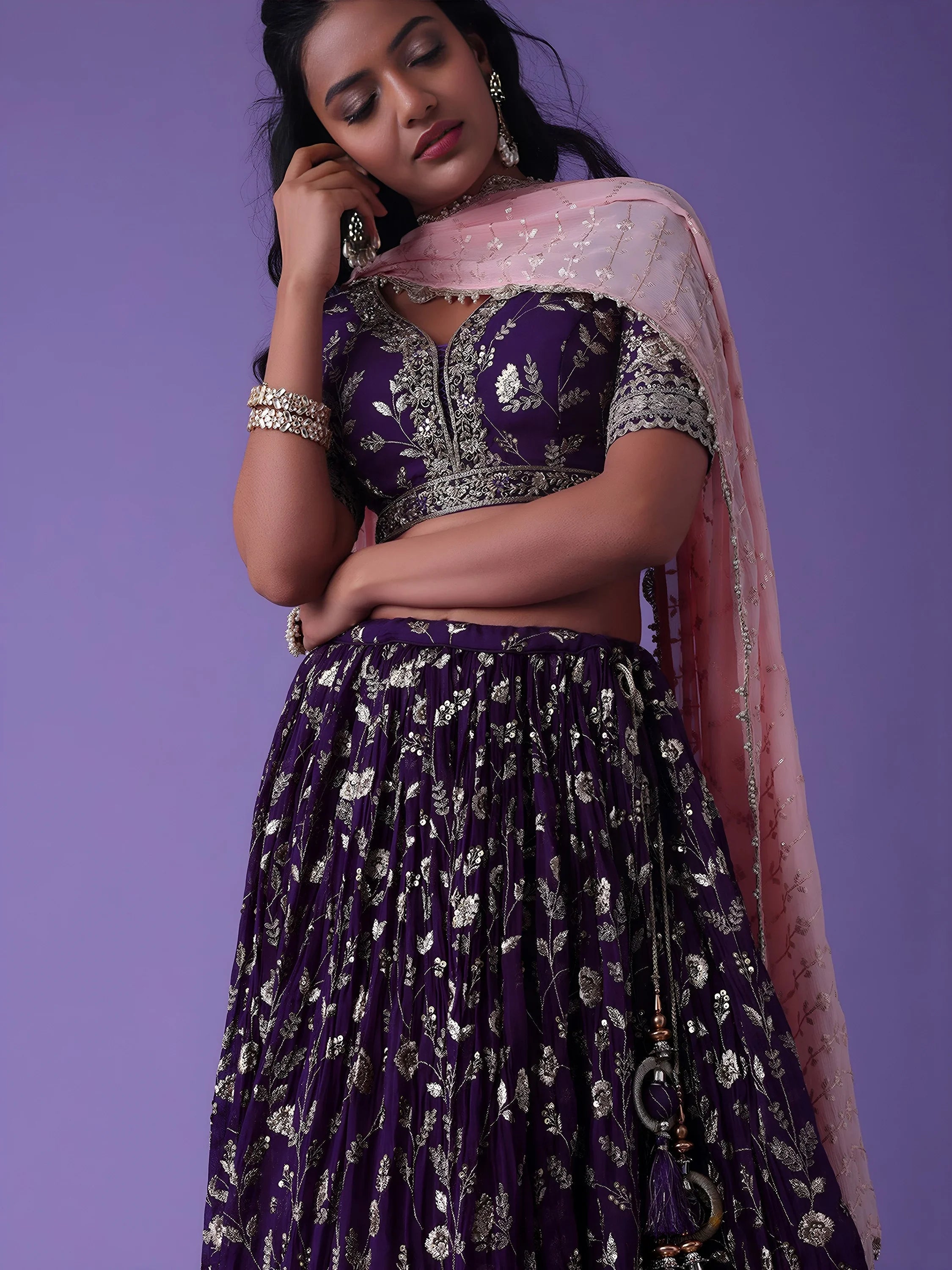 Purple Zari Embroidered Georgette Event Wear Lehenga Choli with Dupatta