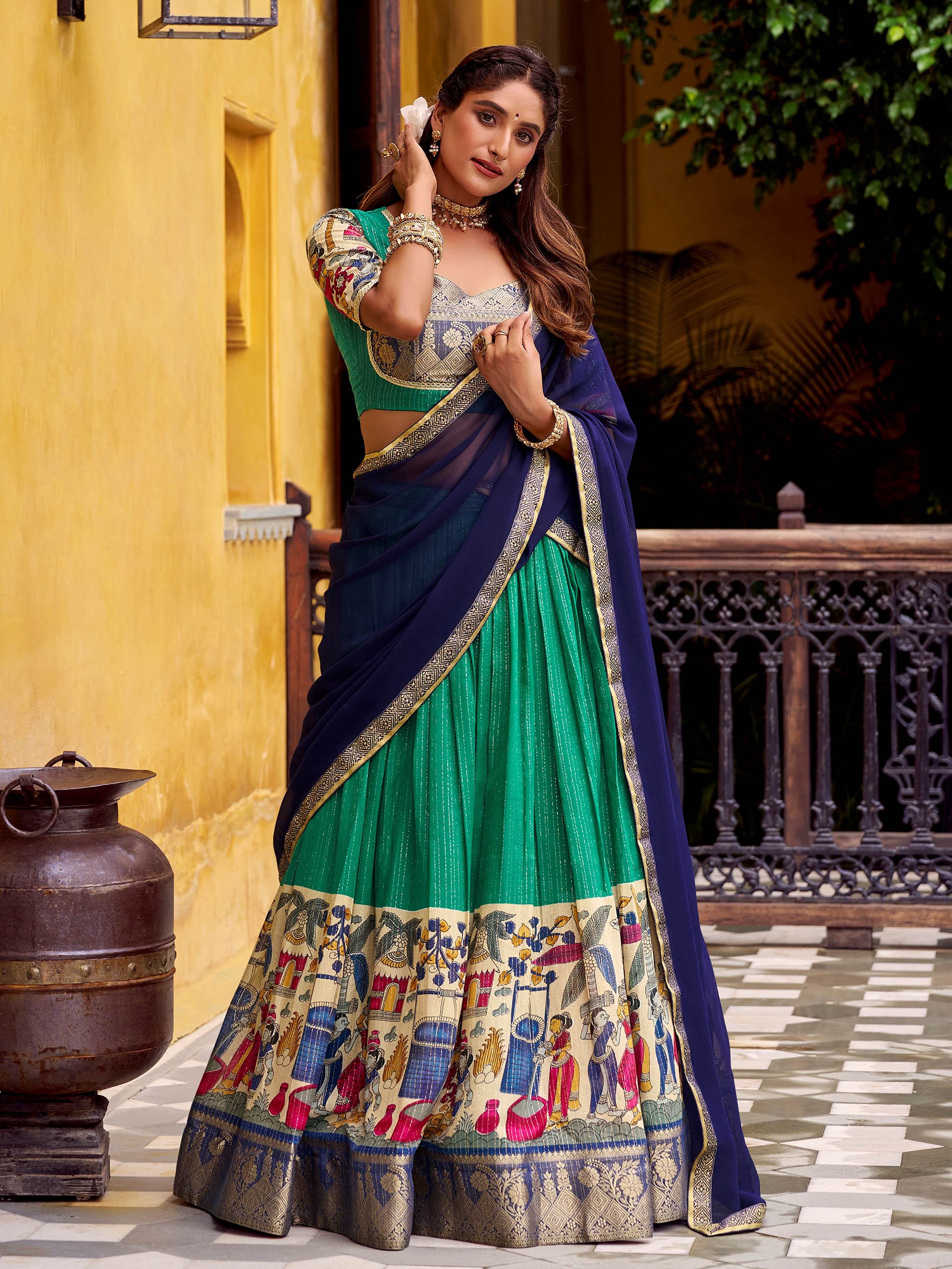 Green Chanderi Silk Kalamkari Printed Half Saree Lehenga