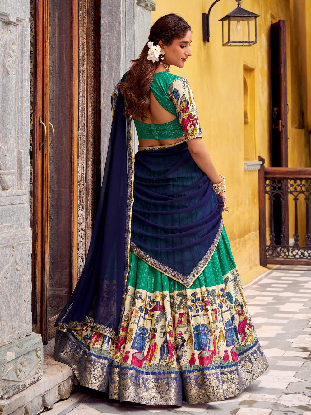 Green Chanderi Silk Kalamkari Printed Half Saree Lehenga