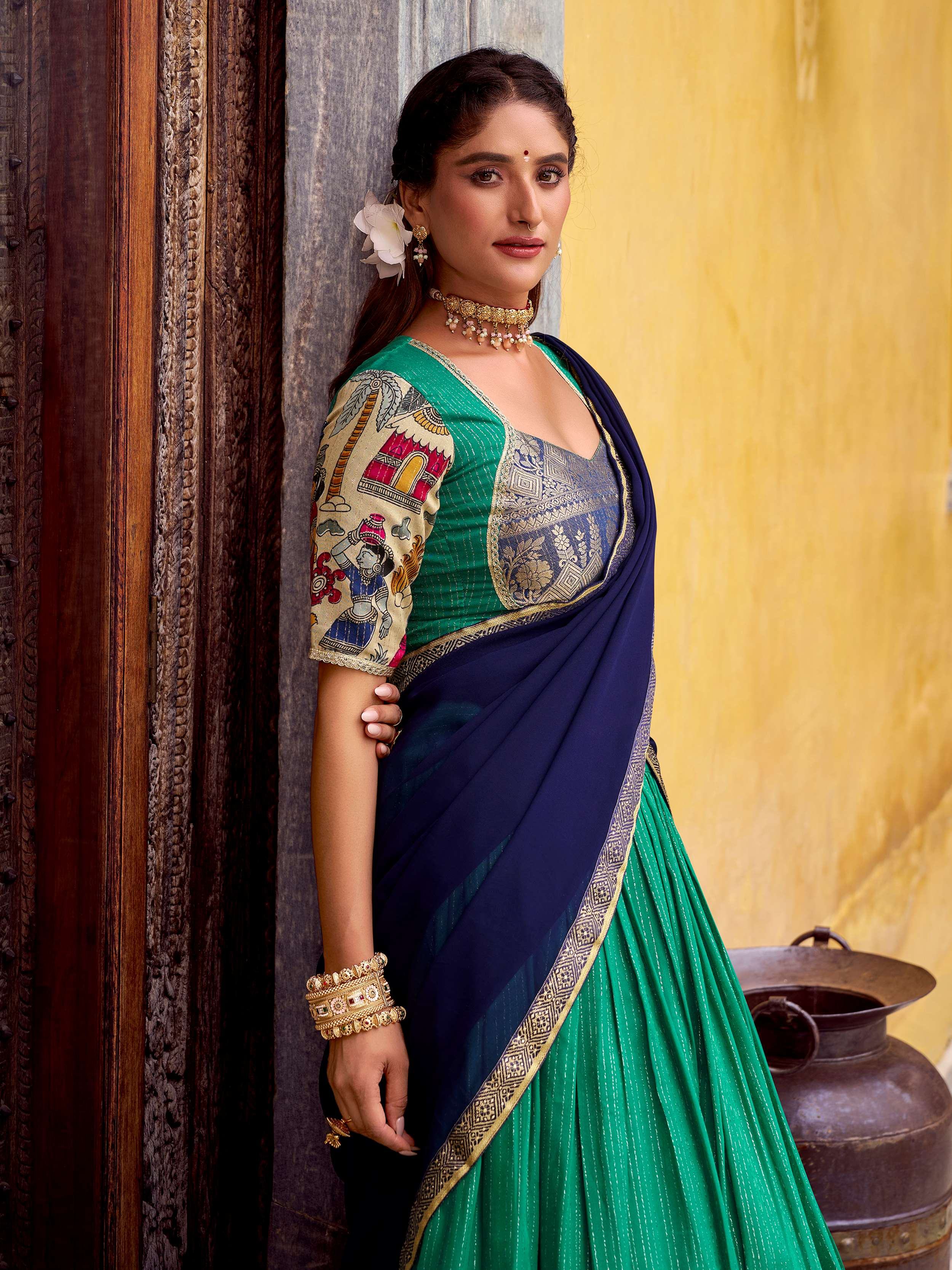 Green Chanderi Silk Kalamkari Printed Half Saree Lehenga