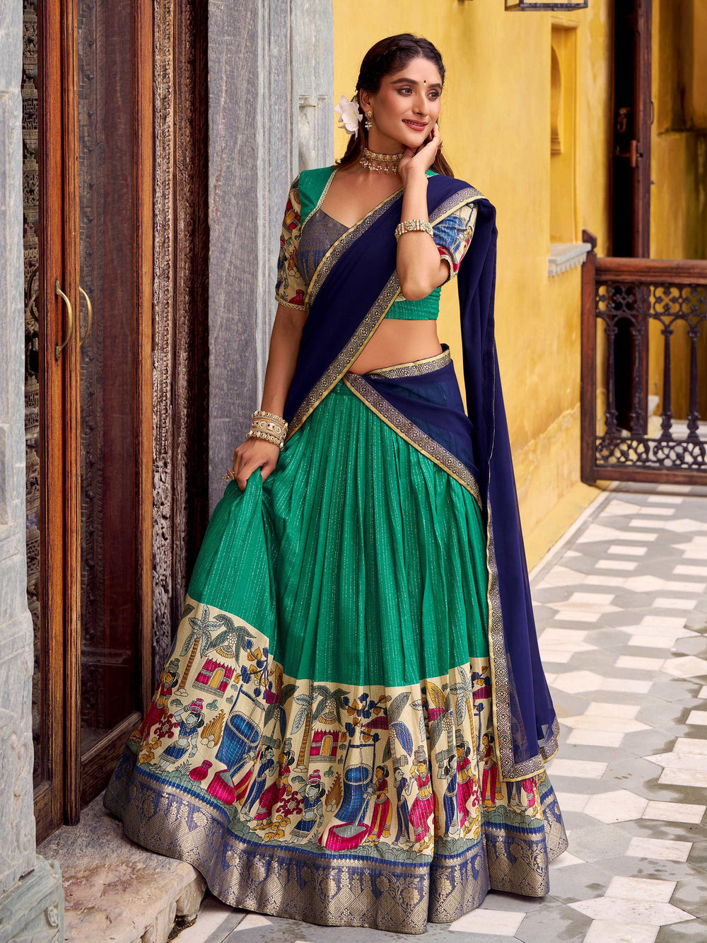Green Chanderi Silk Kalamkari Printed Half Saree Lehenga
