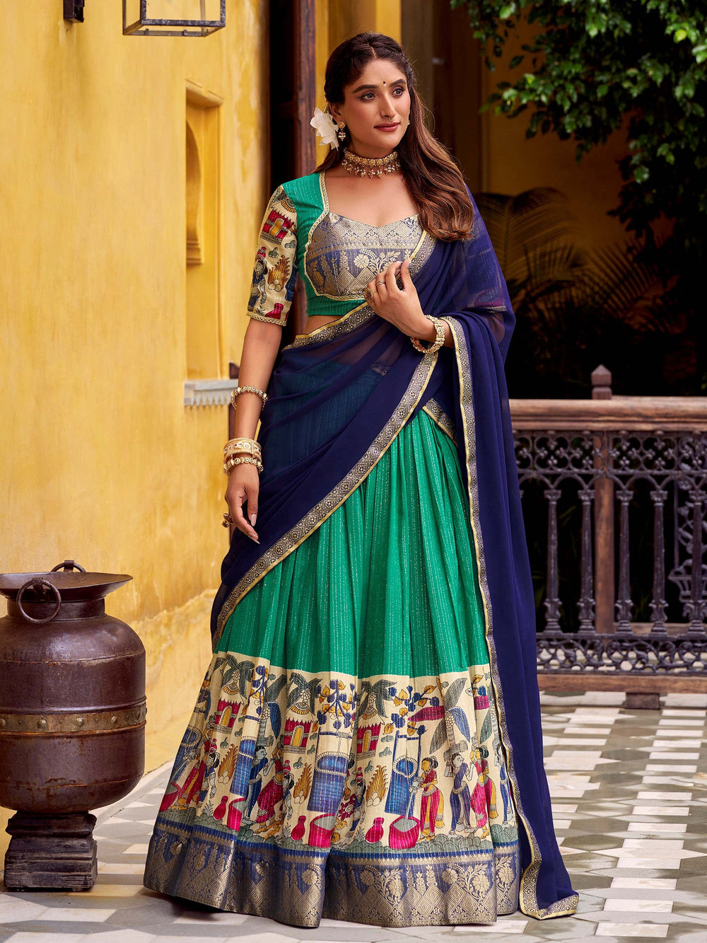 Green Chanderi Silk Kalamkari Printed Half Saree Lehenga