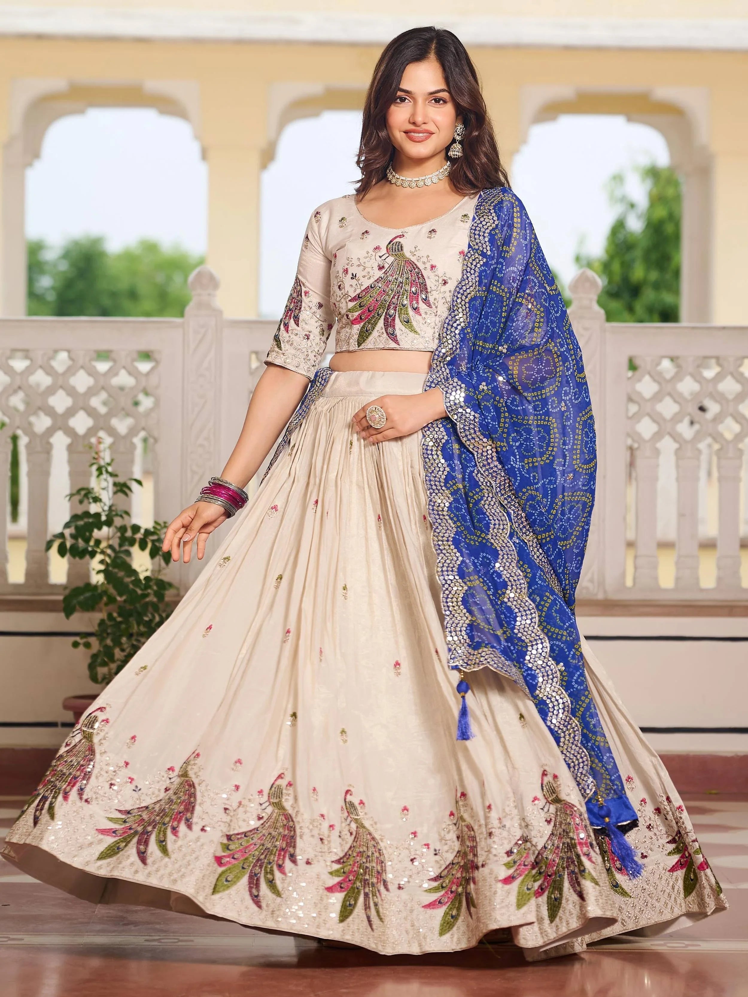 Blue Ravishing Pure Tissue Silk Sequins Work Lehenga Choli for Women