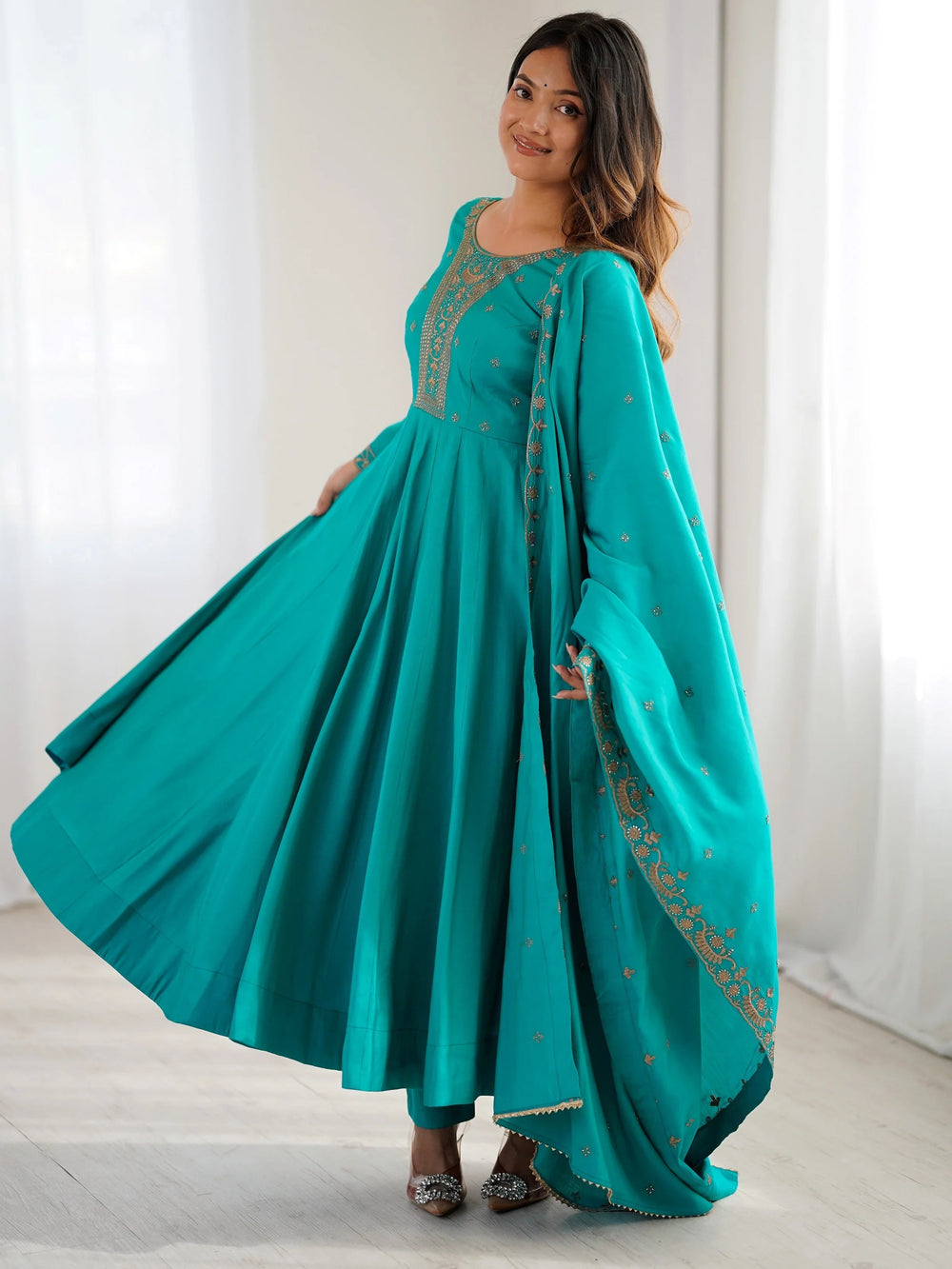 Sparkling Blue Beads Work Silk Festive Wear Salwar Kameez for Women