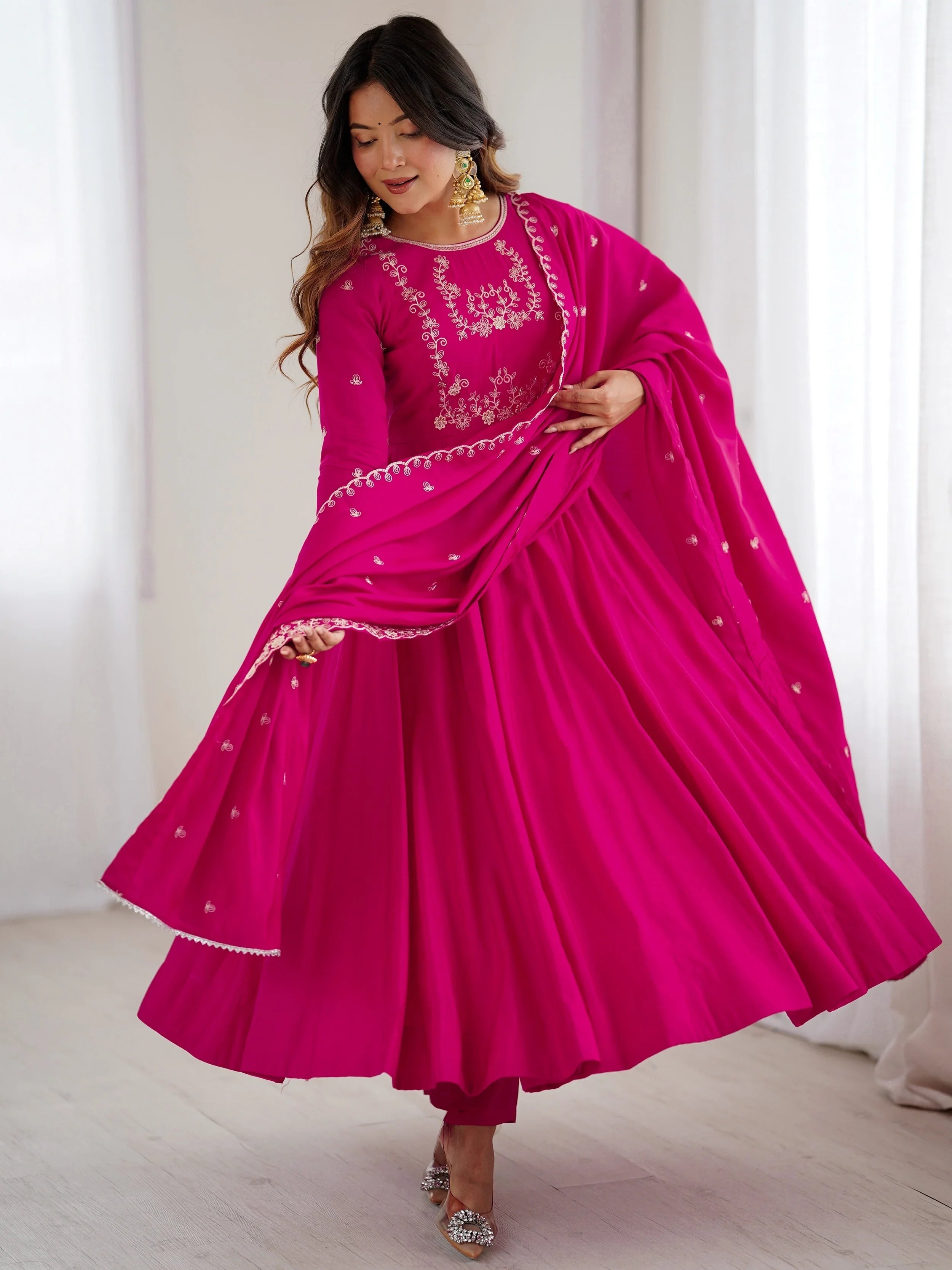 Glowing Pink Beads Work Chanderi Silk Festival Wear Anarkali Suit for Women
