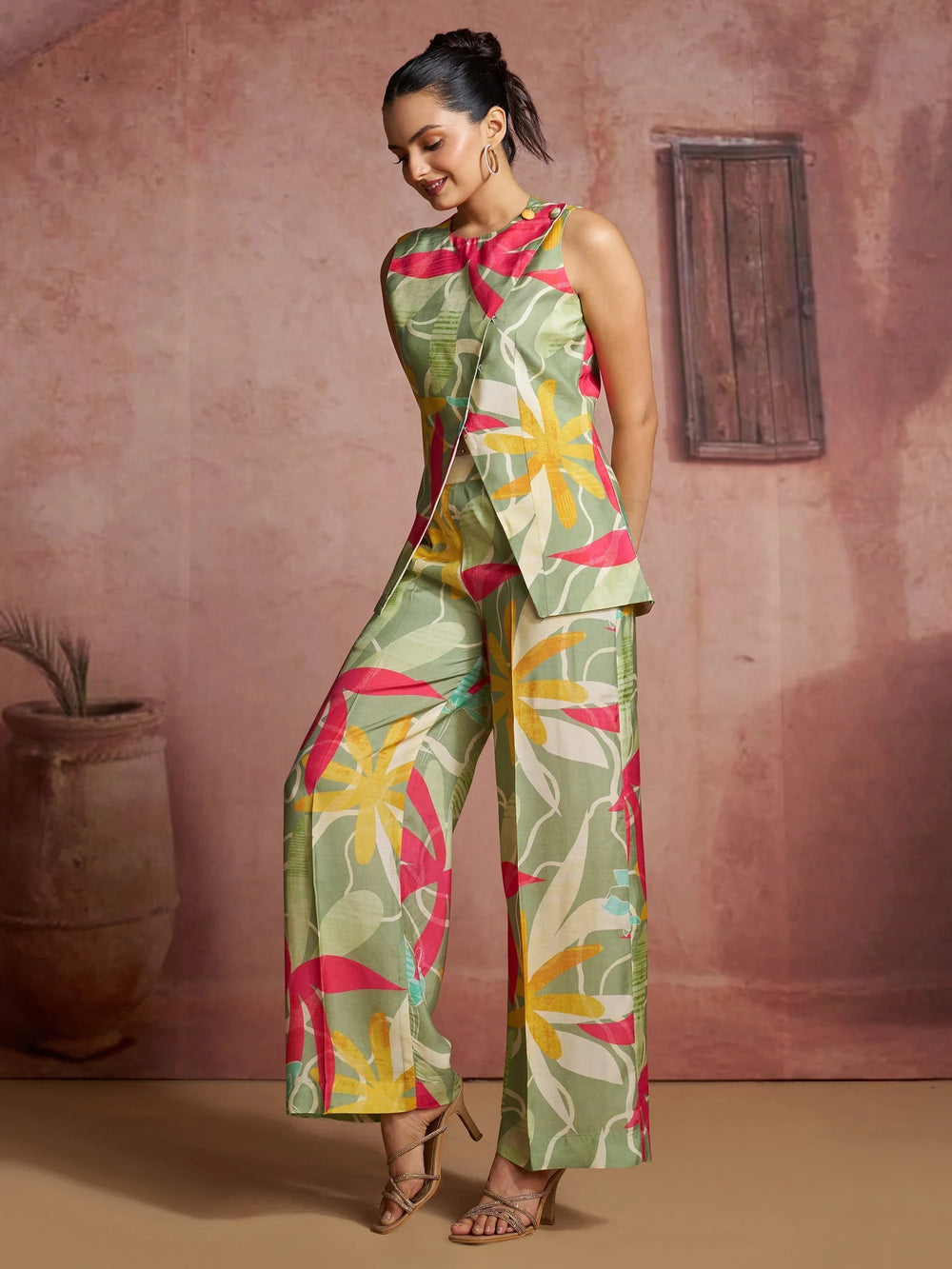 Green Fantastic Digital Printed Muslin Silk Party Wear Co-Ord Set