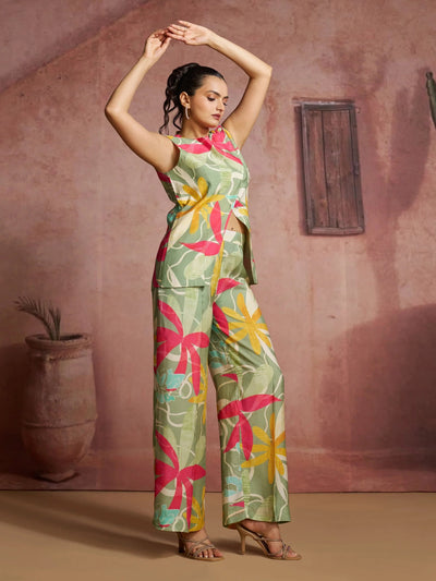 Green Fantastic Digital Printed Muslin Silk Party Wear Co-Ord Set