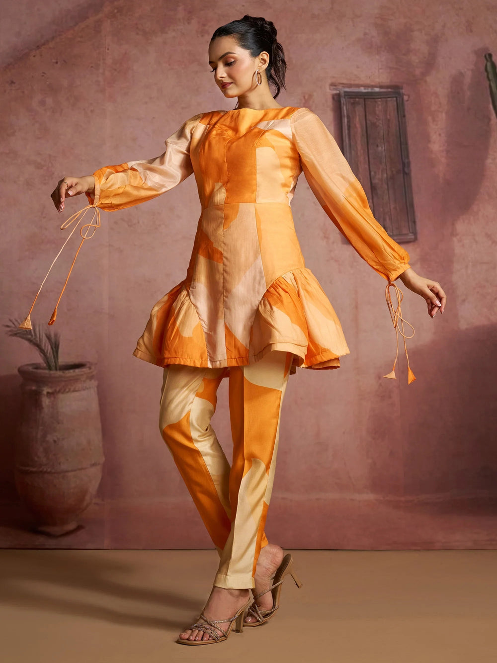 Orange Fantastic Digital Printed Muslin Silk Party Wear Co-Ord Set