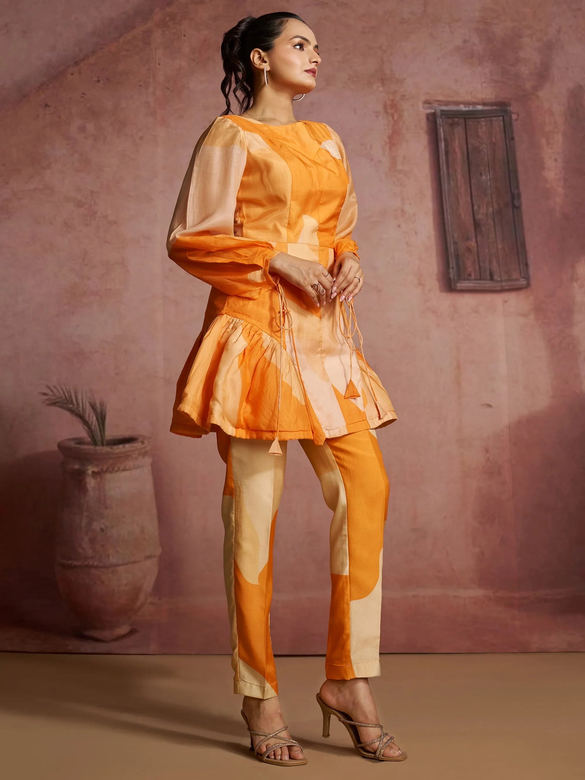 Orange Fantastic Digital Printed Muslin Silk Party Wear Co-Ord Set