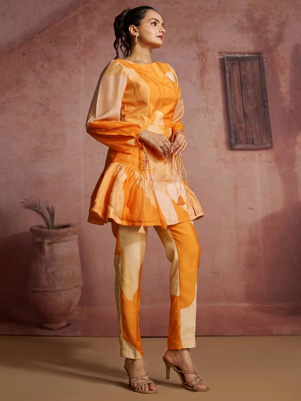 Orange Fantastic Digital Printed Muslin Silk Party Wear Co-Ord Set