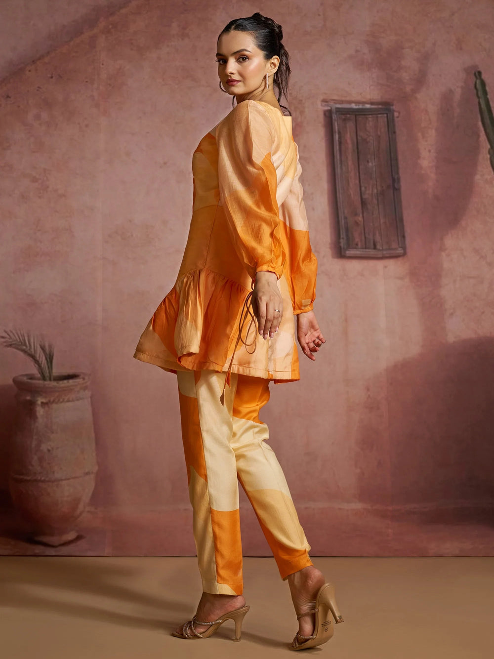 Orange Fantastic Digital Printed Muslin Silk Party Wear Co-Ord Set
