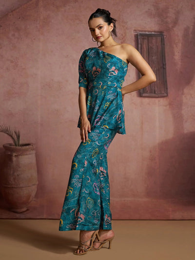 Blue Fantastic Digital Printed Muslin Silk Party Wear Co-Ord Set