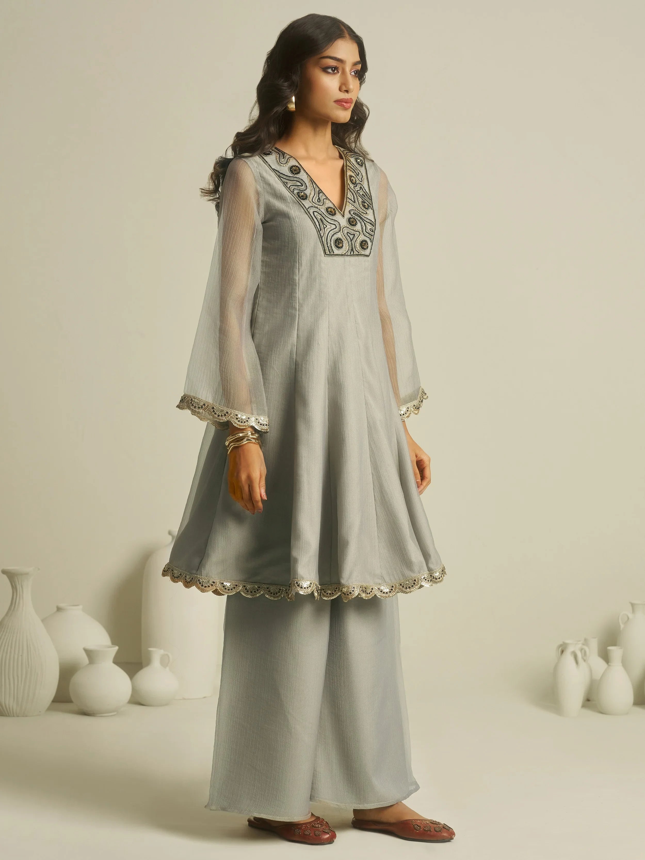 Grey Handwork Tissue Festive Wear Palazzo With Peplum Top