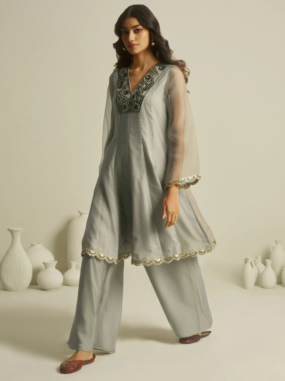 Grey Handwork Tissue Festive Wear Palazzo With Peplum Top