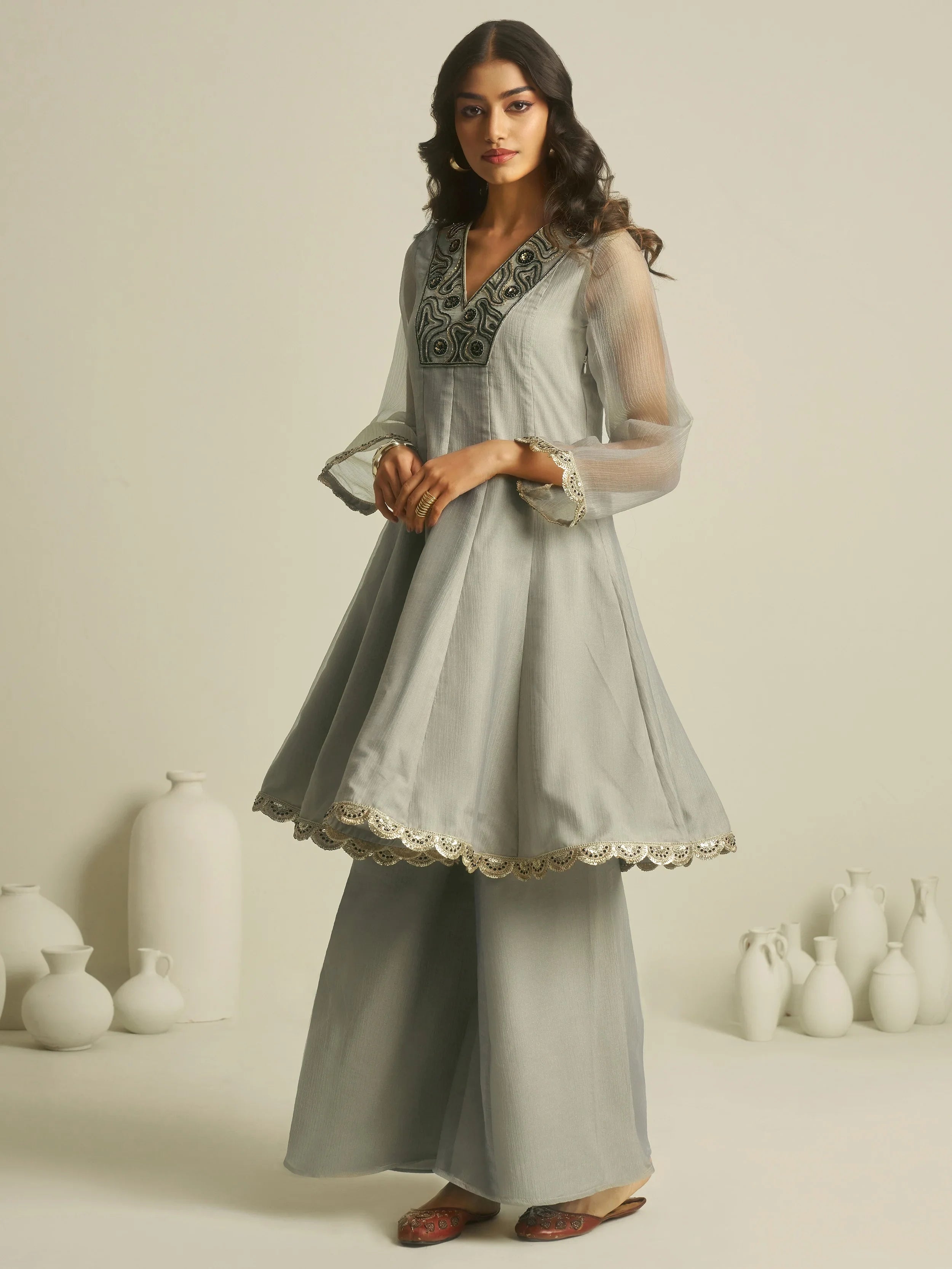 Grey Handwork Tissue Festive Wear Palazzo With Peplum Top