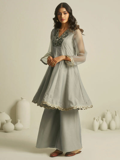 Grey Handwork Tissue Festive Wear Palazzo With Peplum Top