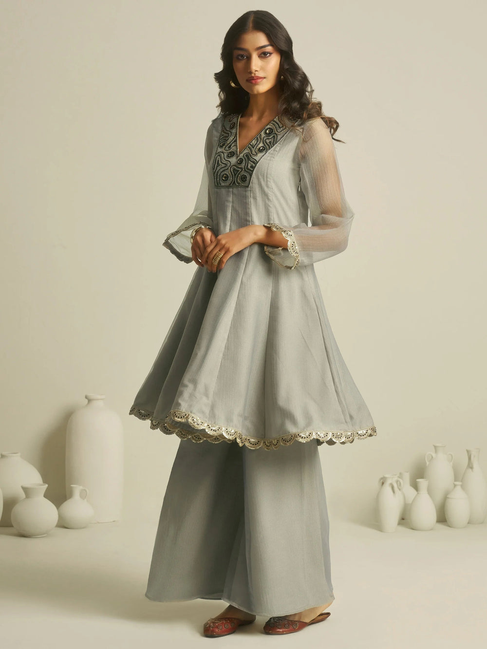 Grey Handwork Tissue Festive Wear Palazzo With Peplum Top