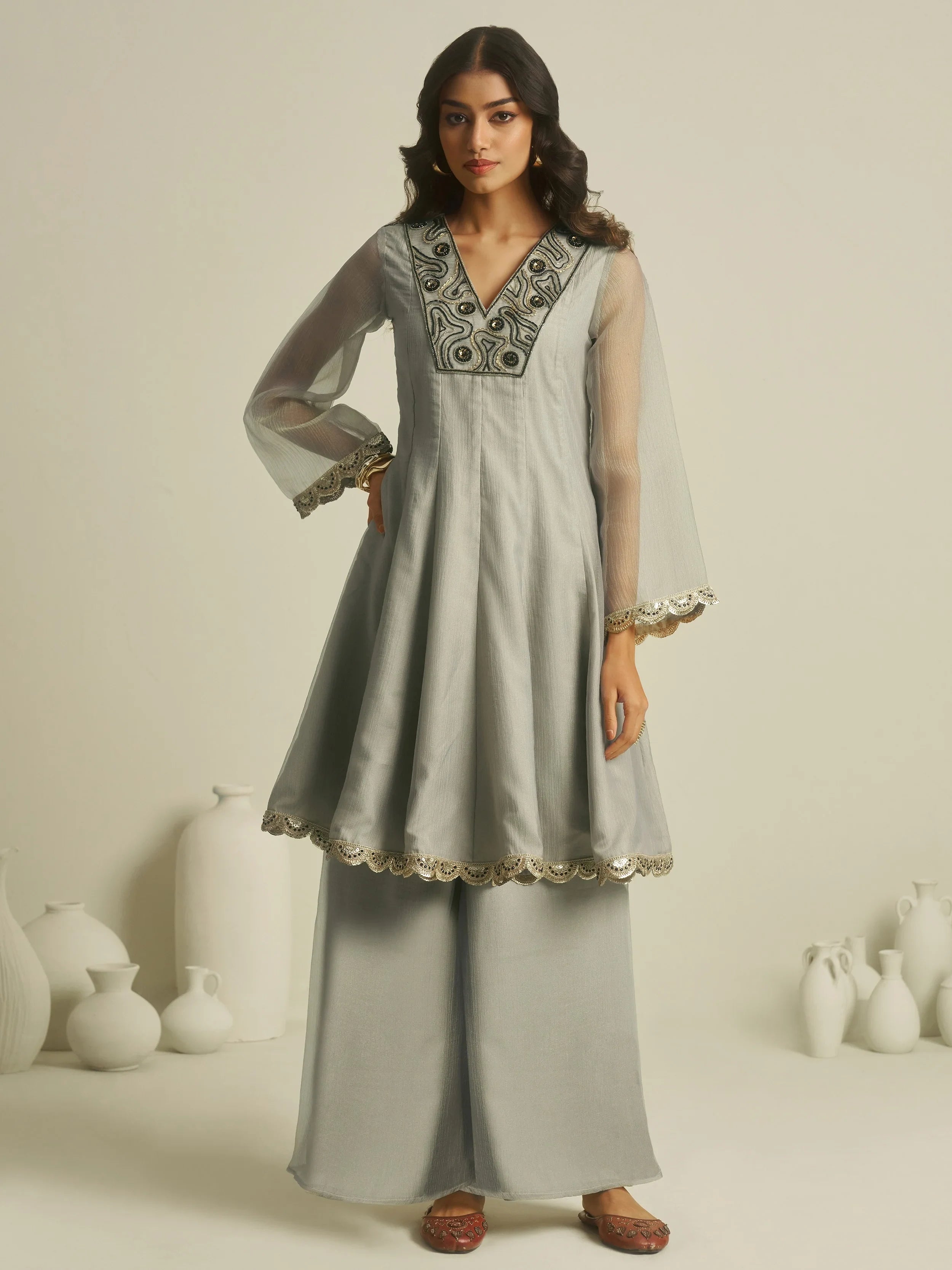 Grey Handwork Tissue Festive Wear Palazzo With Peplum Top