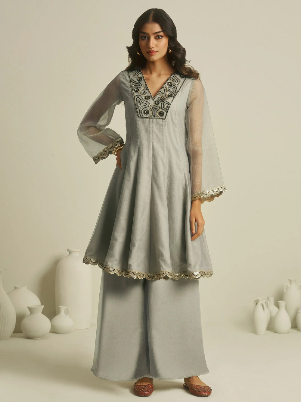 Grey Handwork Tissue Festive Wear Palazzo With Peplum Top