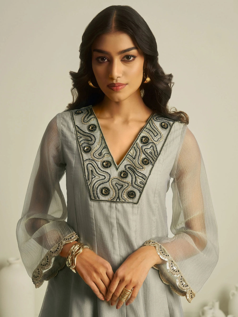 Grey Handwork Tissue Festive Wear Palazzo With Peplum Top